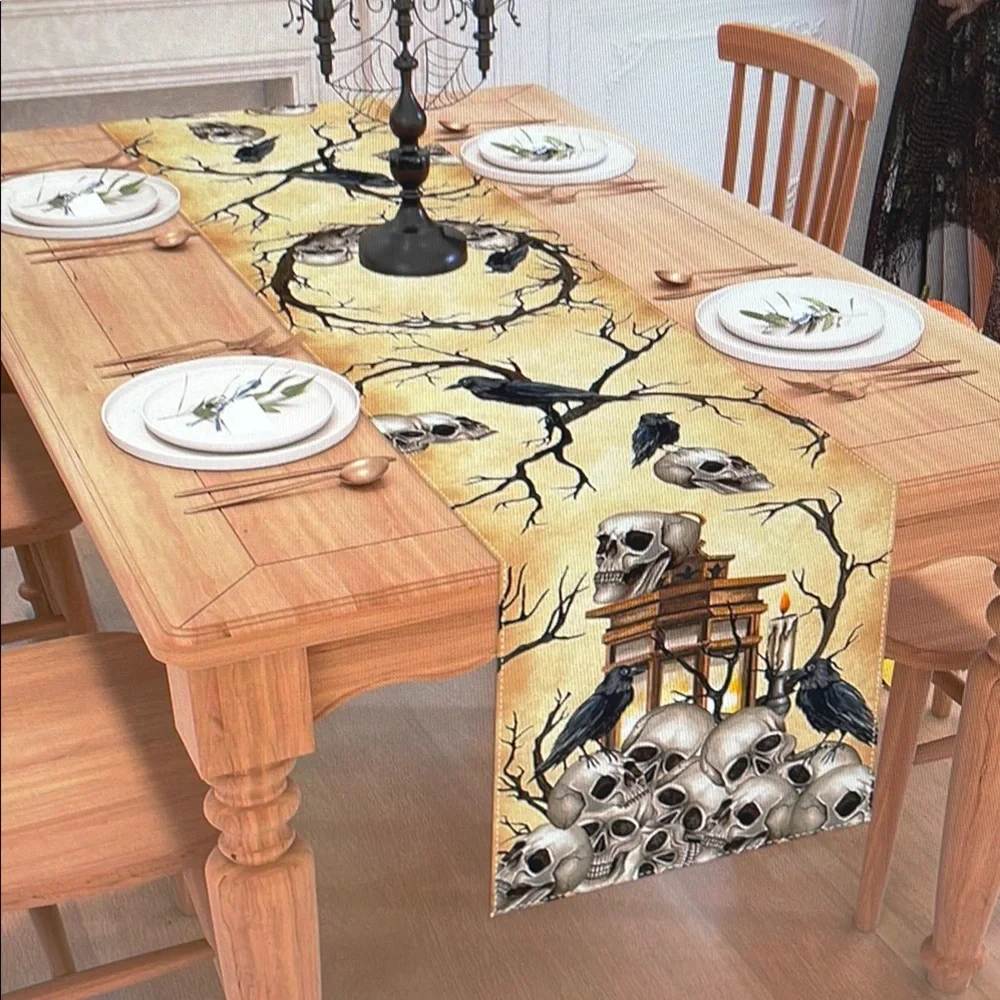 Skull & Crow Gothic Table Runner – Black/Cream – NWOT
